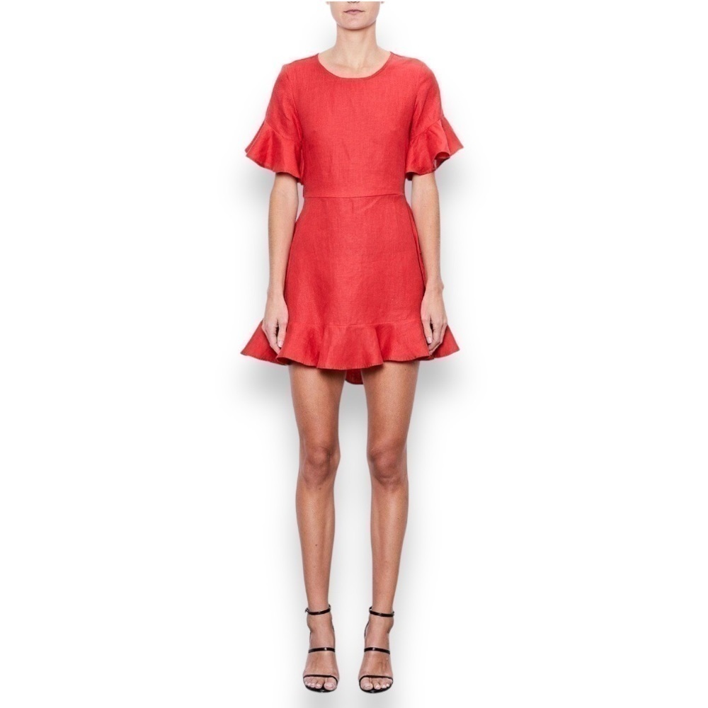 MLM Label Red 100% Linen Open Back Ruffled Flutter Sleeve Mini Dress